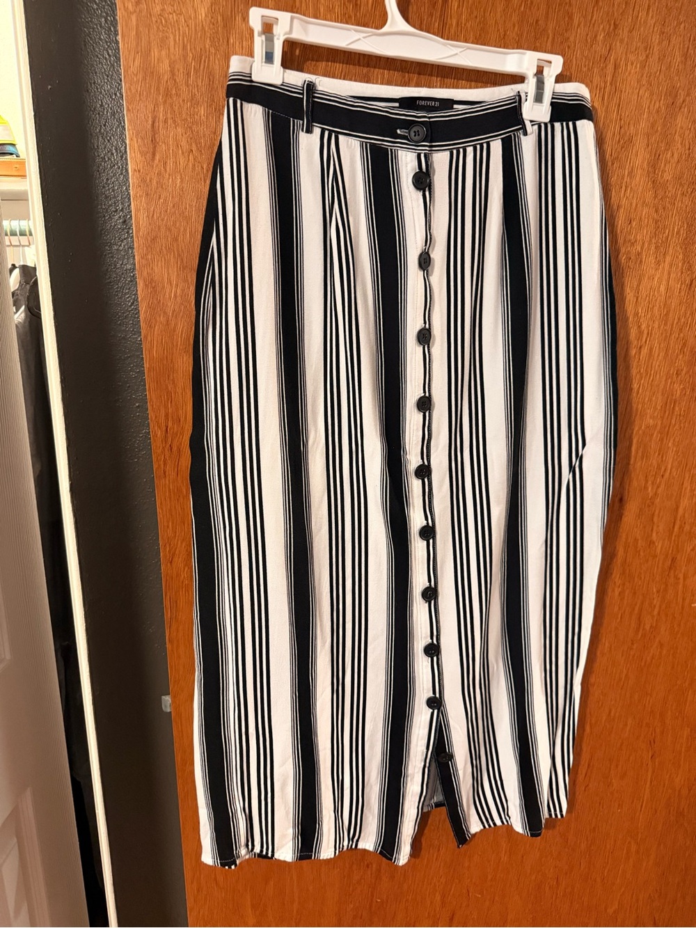 Forever 21 Black & White Striped Button-Front Midi Skirt